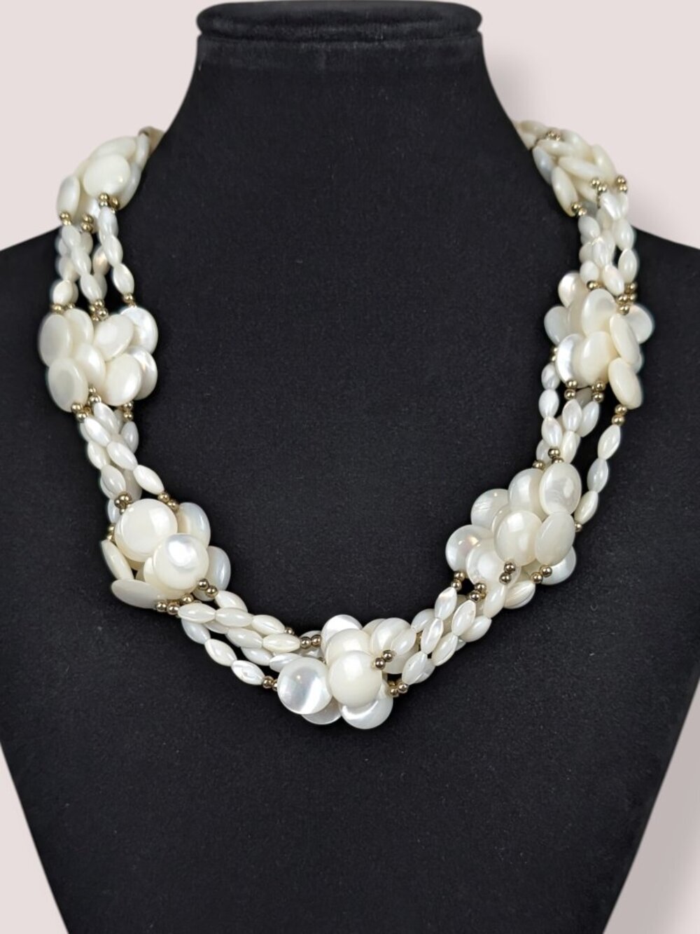 Vintage 5-Strand Mother of Pearl Beaded Statement Necklace
